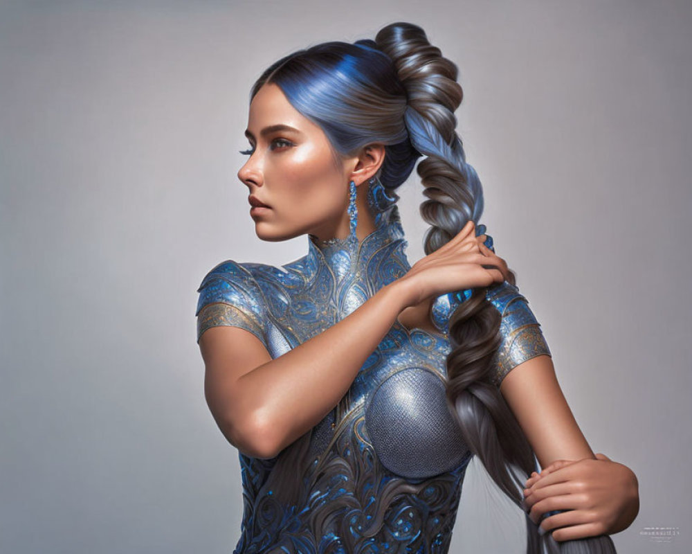 Blue-haired woman in metallic outfit with thick braid on neutral background