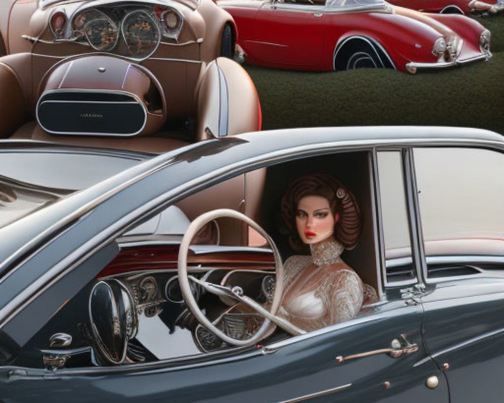 Vintage Cars Collage with Woman in White Outfit and Stylish Interiors