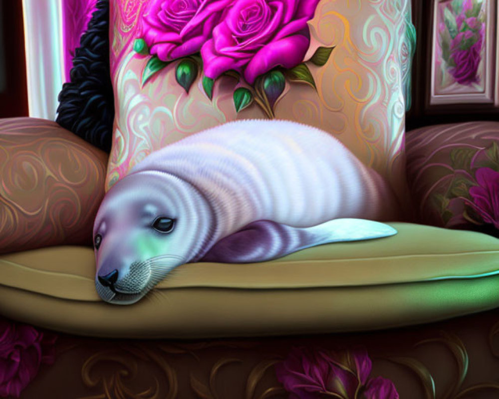 Digital Artwork: Seal Pup on Ornate Couch with Luxurious Pillows