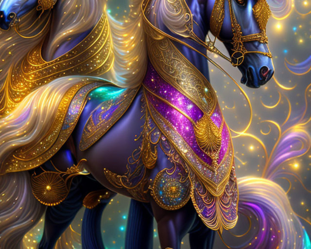 Ethereal horses with gold and purple adornments in cosmic setting