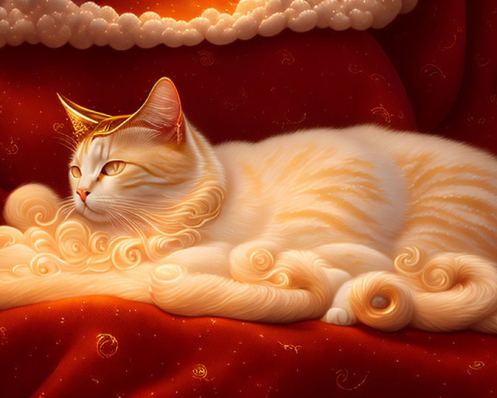 Orange Tabby Cat with White Patterns and Golden Accents on Red Fabric