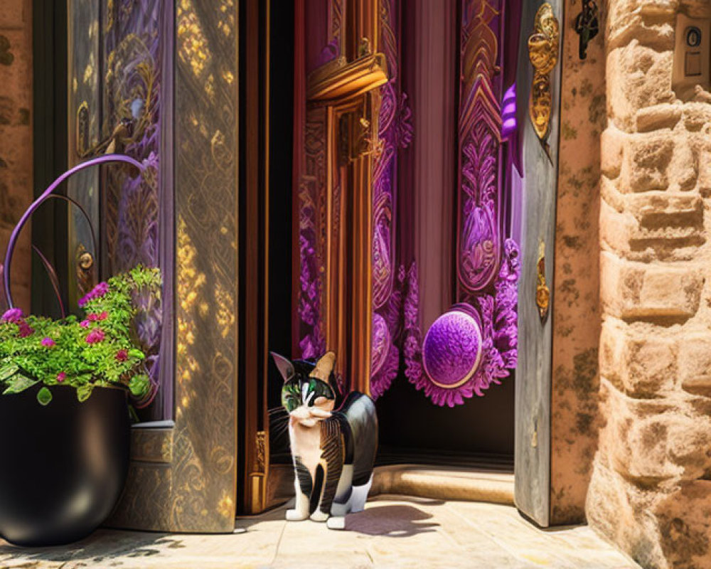 Cat sitting at ornate doorway with purple drapes and golden handles