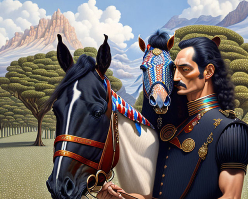 Man in Traditional Military Attire with Adorned Horse in Serene Landscape