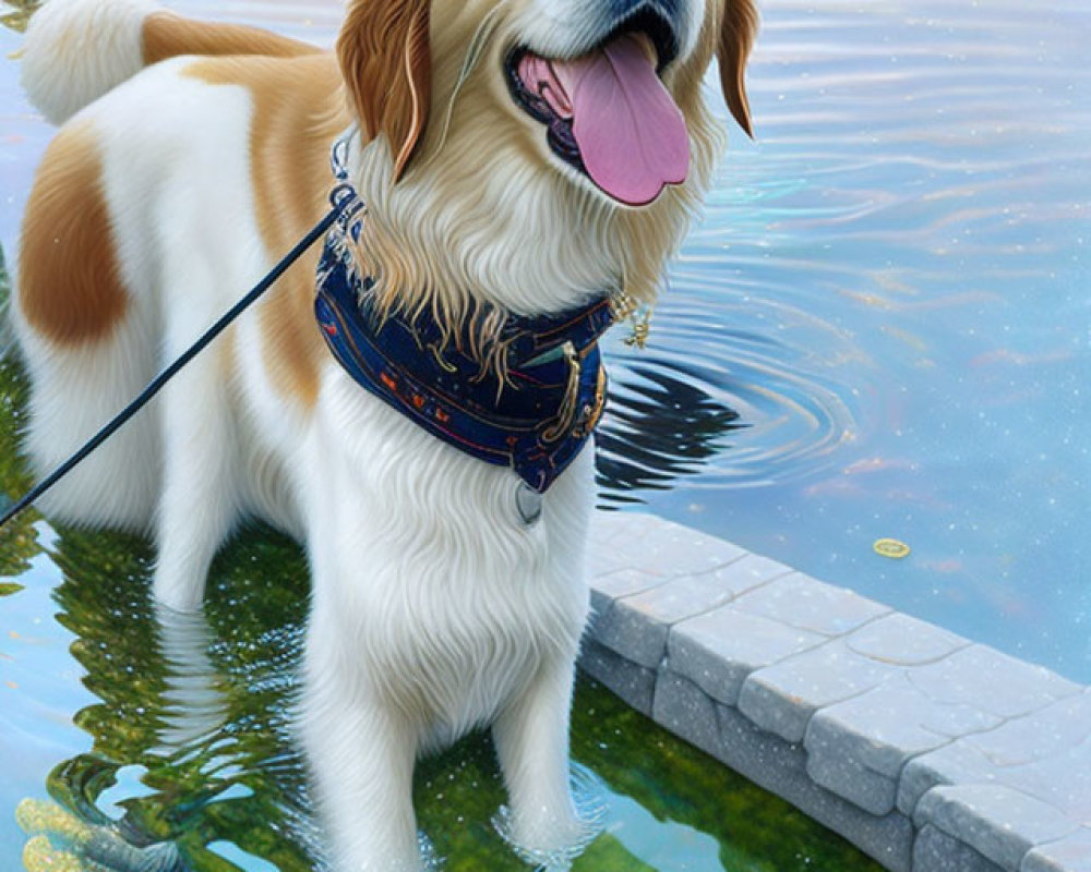 Golden retriever standing in shallow water with leash, cheerful expression