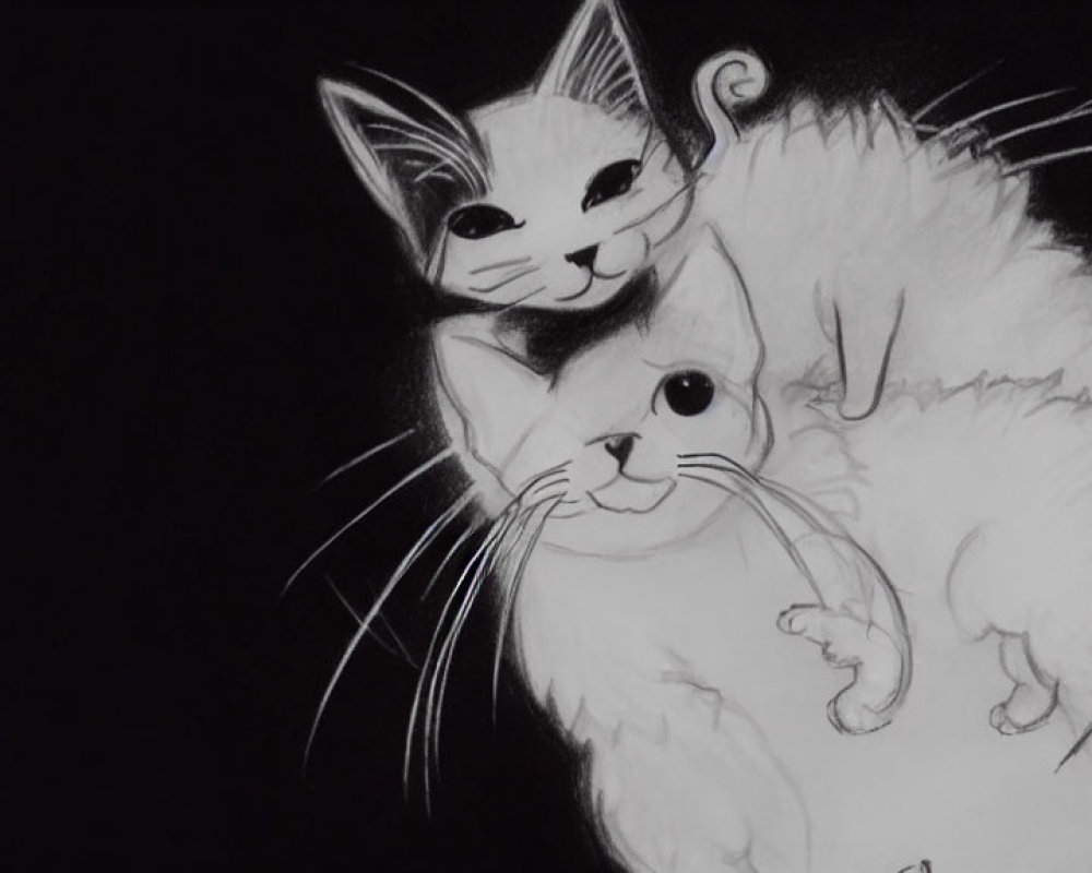 Monochrome sketch of two cats with expressive eyes and prominent whiskers