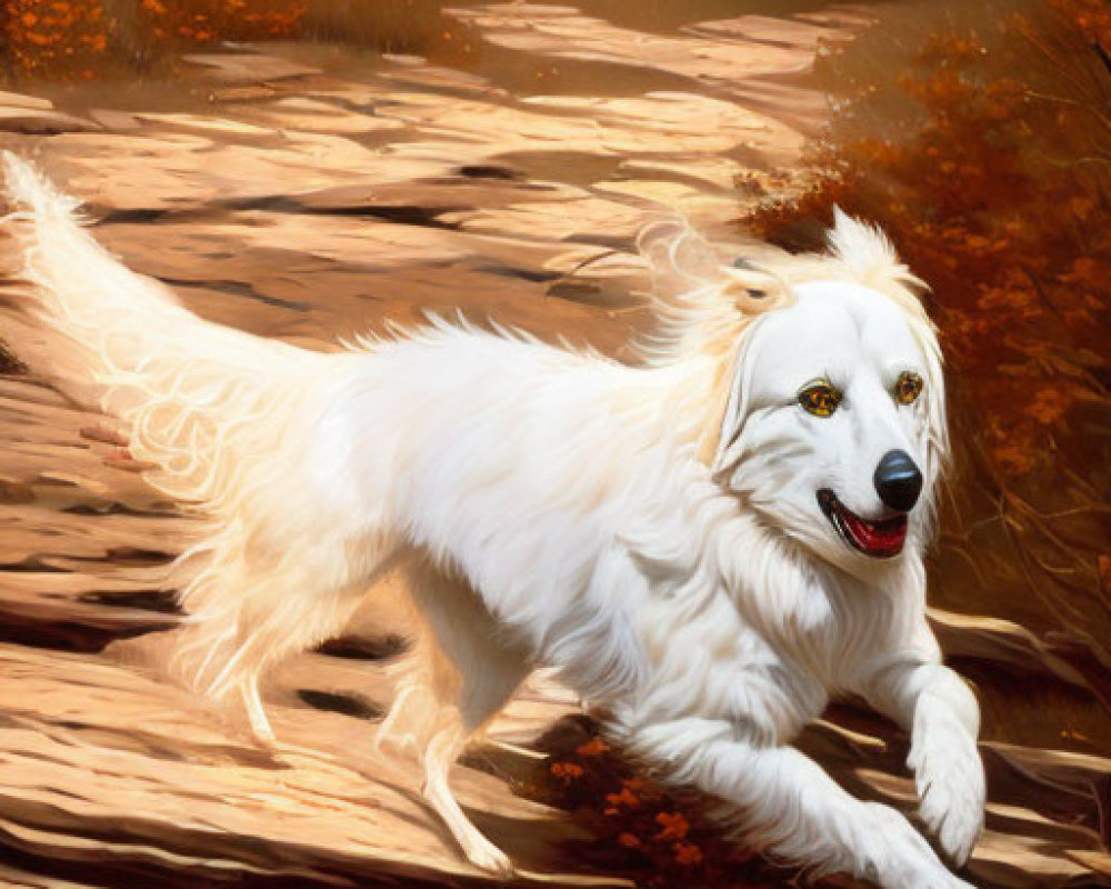 White Dog Running Through Autumnal Forest with Birds and Rabbit