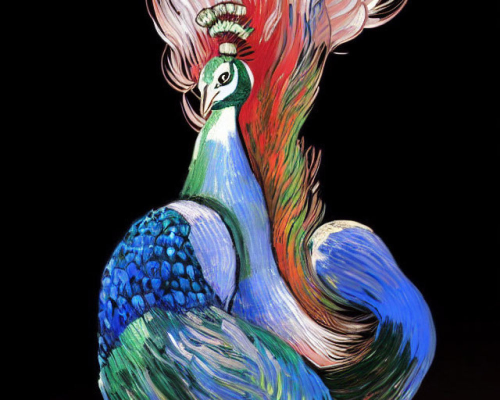 Colorful Peacock Illustration with Red and White Plume