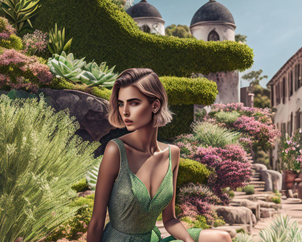 Woman in Green Dress Poses in Garden Setting