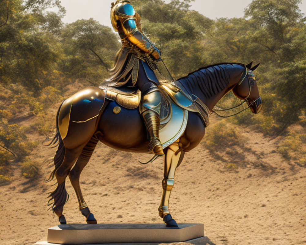 Intricately designed horse and rider statue on pedestal in forest setting