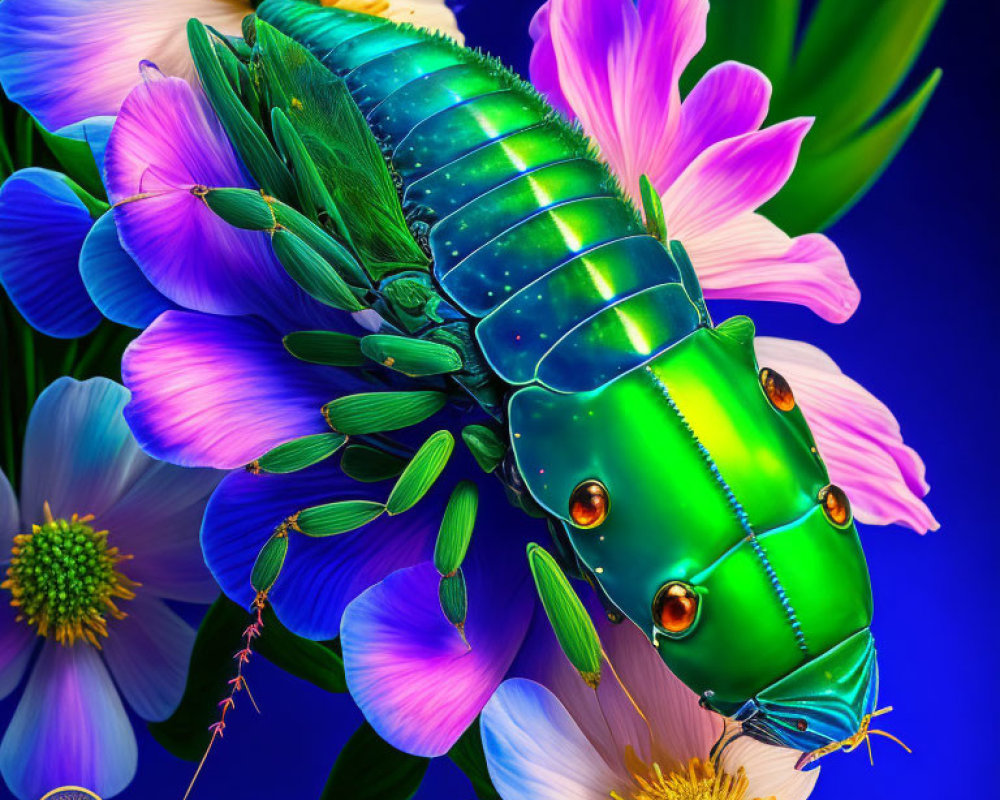 Colorful Digital Illustration: Green Metallic Beetle on Flowers