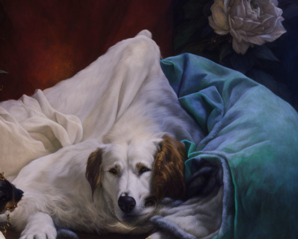 White Dog Resting on Draped Fabrics with Book and Tassels in Floral Setting