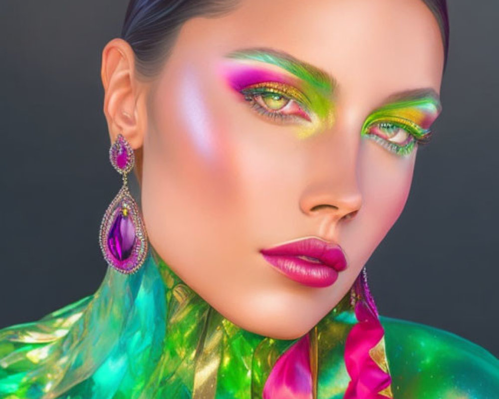 Colorful makeup, holographic earrings, shiny ruffled garment under vibrant lighting