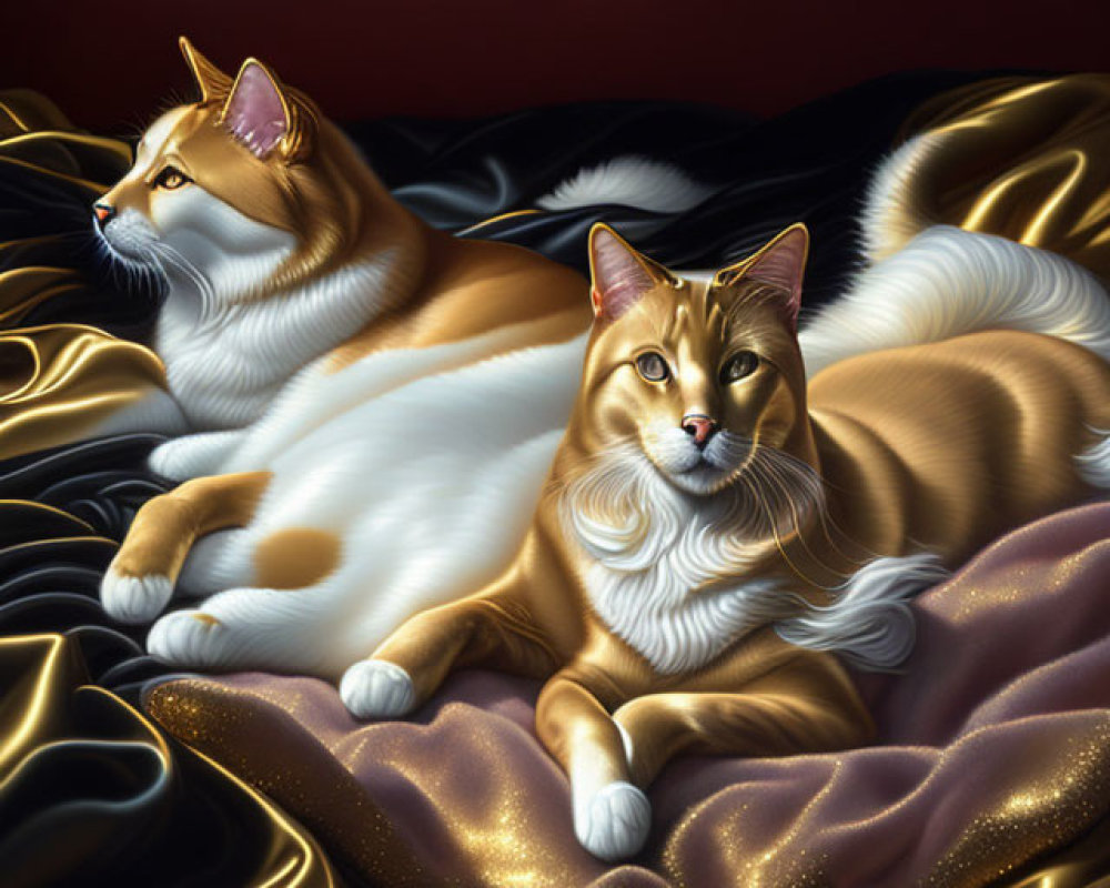 Golden fur cats on black and gold satin sheets with red sky background