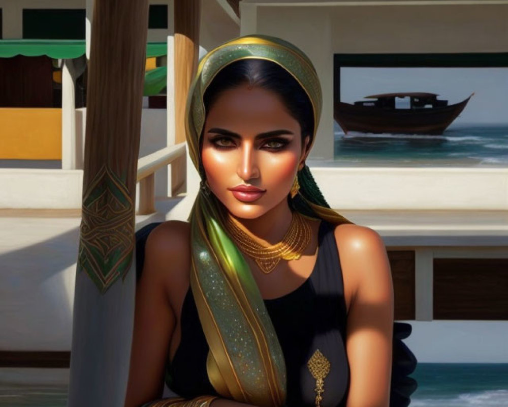 Woman in traditional attire by the sea with boat in background