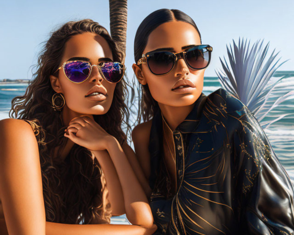 Two women posing under palm trees on a sunny beach with sunglasses