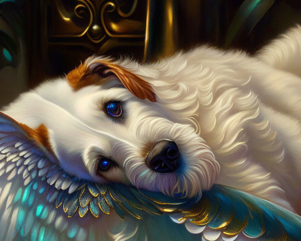 Illustration of white dog with blue wings on pearls near a door