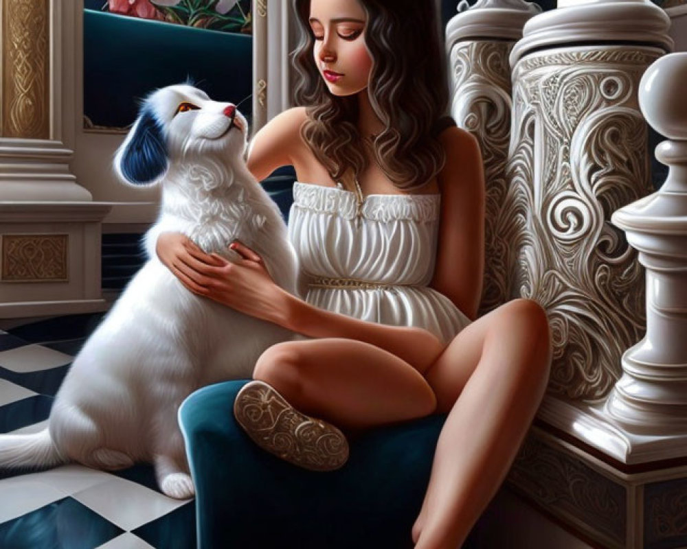 Woman in white dress petting white cat in luxurious room with checkered floor