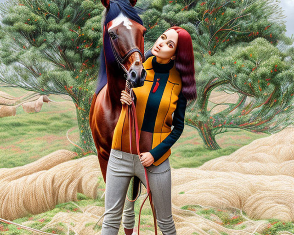 Woman standing with horse in surreal landscape with oversized pine trees and grassy waves