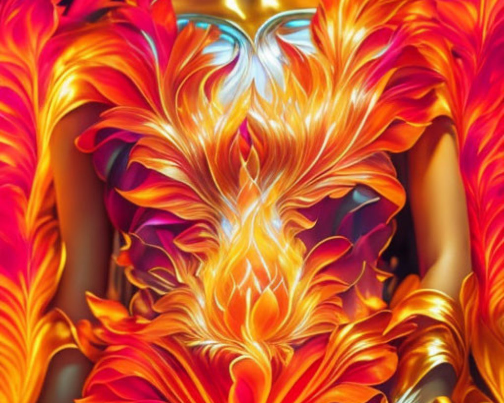 Colorful illustration of woman in phoenix-themed attire exuding power