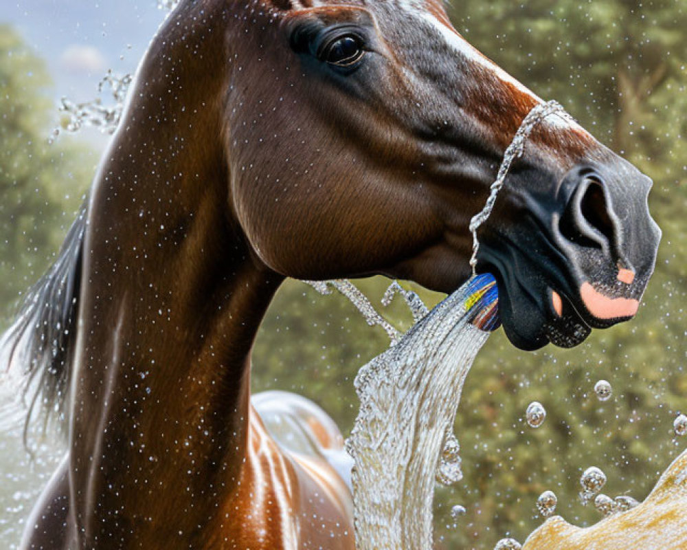 Shiny brown horse drinking water with splashing droplets, trees, and blue sky