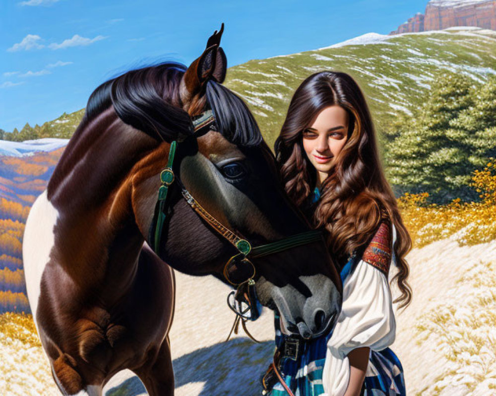 Plaid skirt woman petting brown horse in autumn landscape