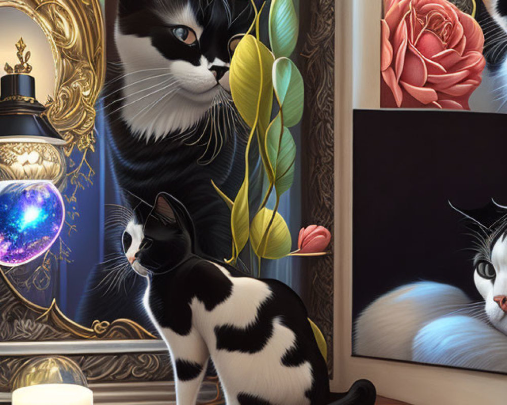 Tuxedo cat on wooden table with elegant artwork and glowing orb