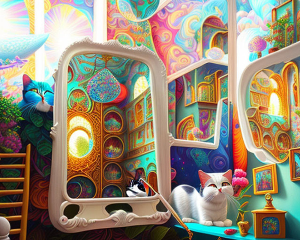 Colorful Patterned Room with Stained Glass Windows, Cats, Mirror & Ornate Decor