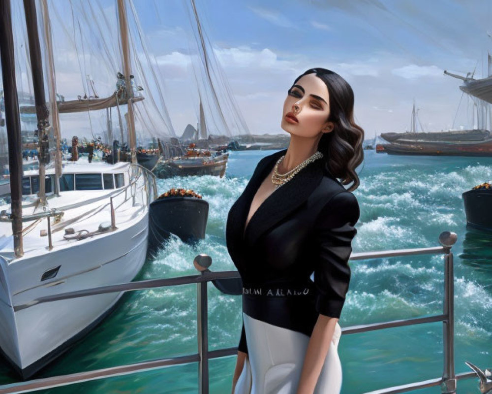 Stylish woman in black blazer and white skirt at marina with sailboats