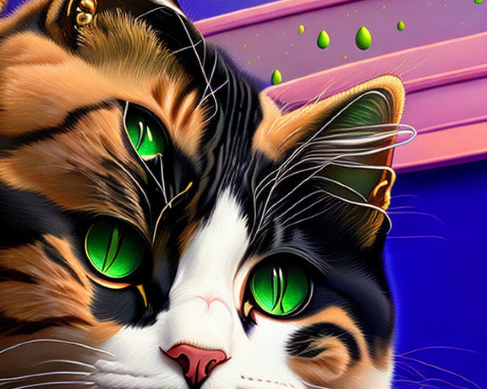 Whimsical cat digital artwork with green eyes on vibrant backdrop