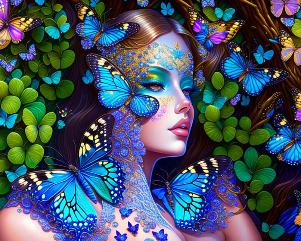 Colorful artwork: Woman with butterfly wings and hair embellished with butterflies in lush green scenery