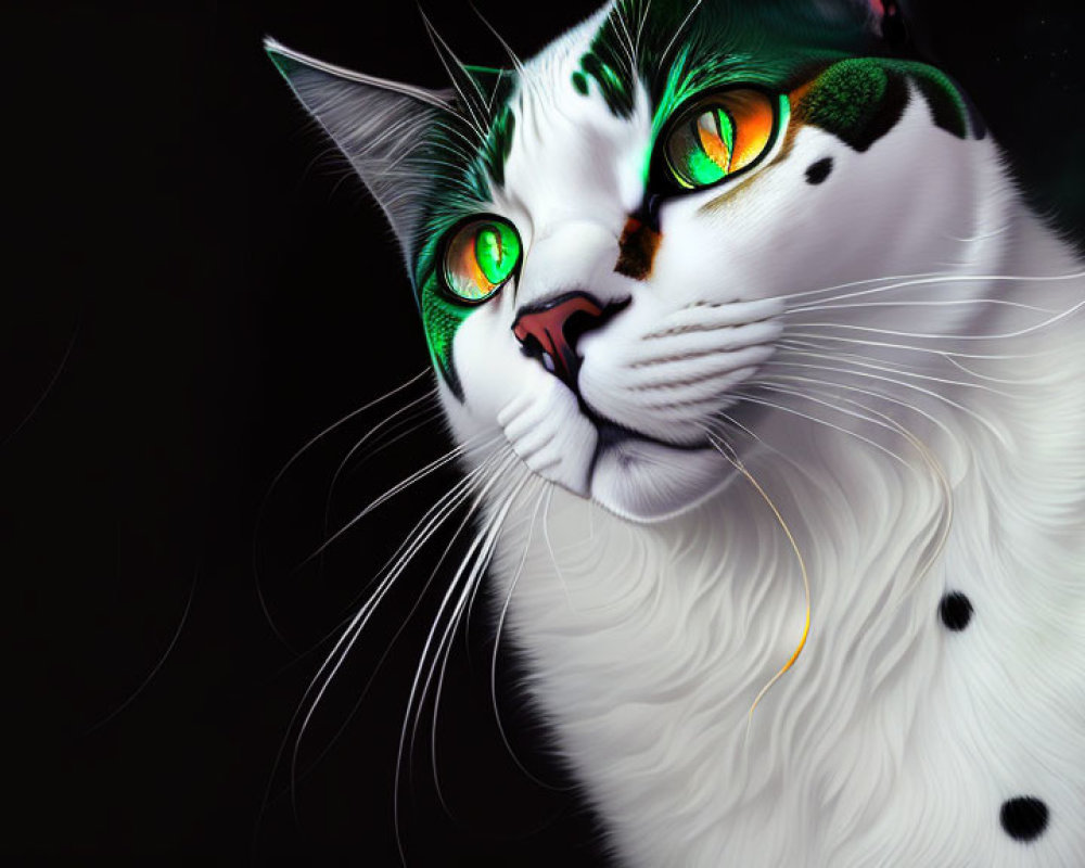 Digital artwork: White cat with green eyes, black spots, and green fur markings on dark background