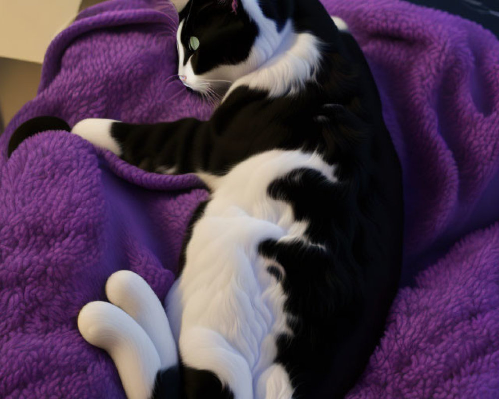 Black and white cat relaxing on purple blanket with tail raised