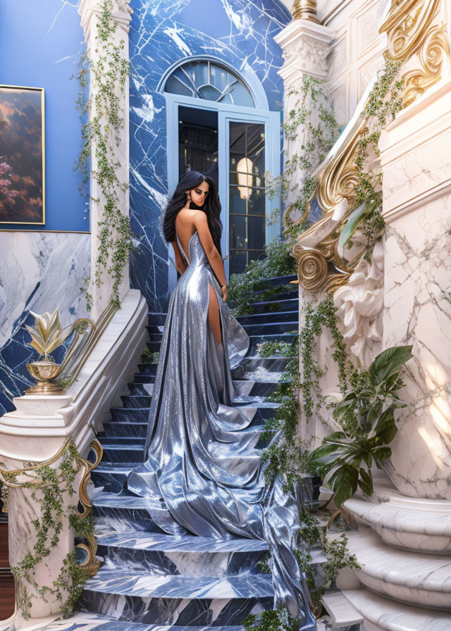 Person in Blue Dress Descending Ornate Marble Staircase in Opulent Classical Building