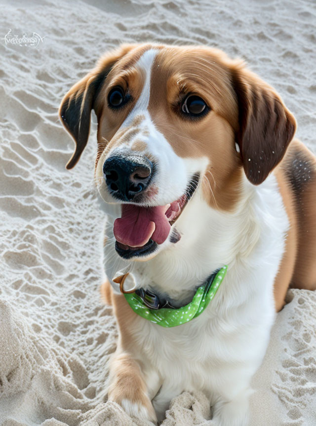 Brown and White Dog with Floppy Ears and Green Collar Sitting on Sand