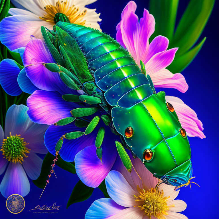 Colorful Digital Illustration: Green Metallic Beetle on Flowers