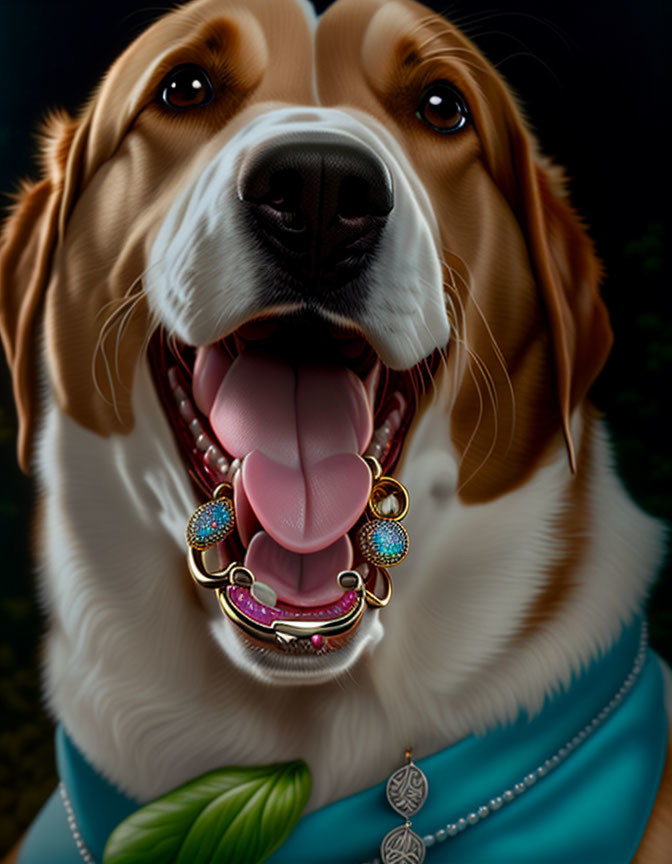 Smiling golden-brown dog with blue bandana and jewelry on black background