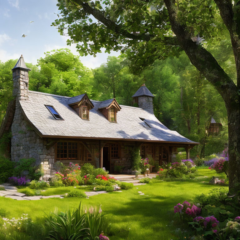 Stone cottage with blue roof in lush garden, bathed in sunlight