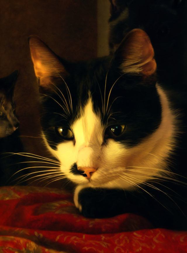 Black and white cat with whiskers on red fabric, second cat silhouette in background