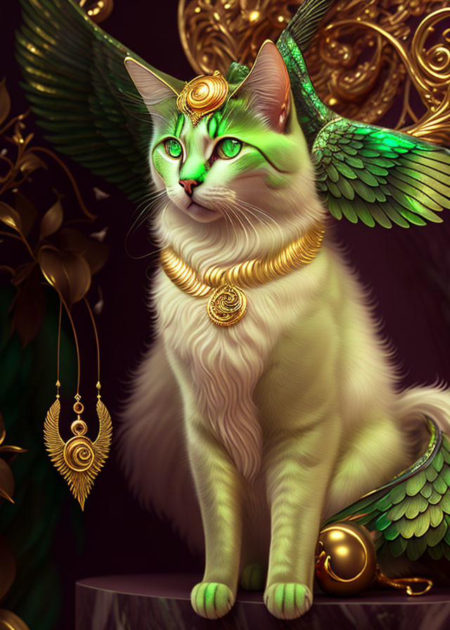 White Cat with Emerald Eyes and Gold Jewelry: Elegant Fantasy Theme