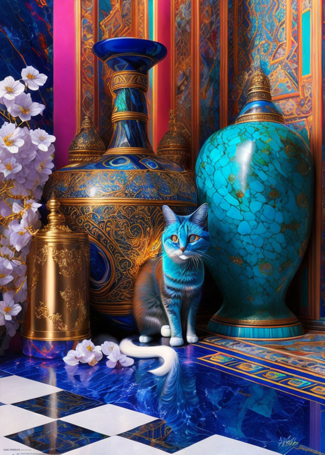 Blue-eyed cat surrounded by golden vases and cherry blossoms in luxurious setting