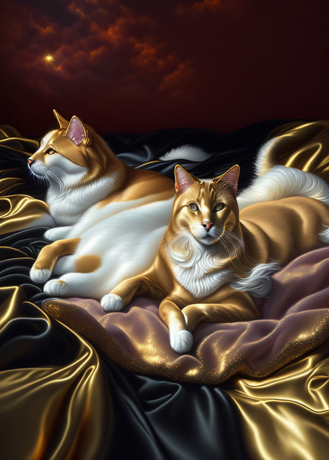 Golden fur cats on black and gold satin sheets with red sky background