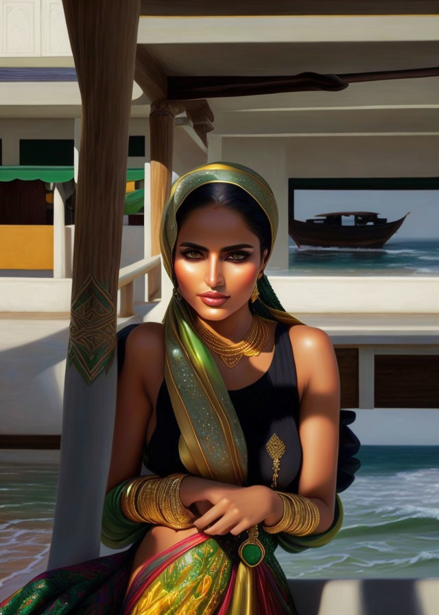 Woman in traditional attire by the sea with boat in background