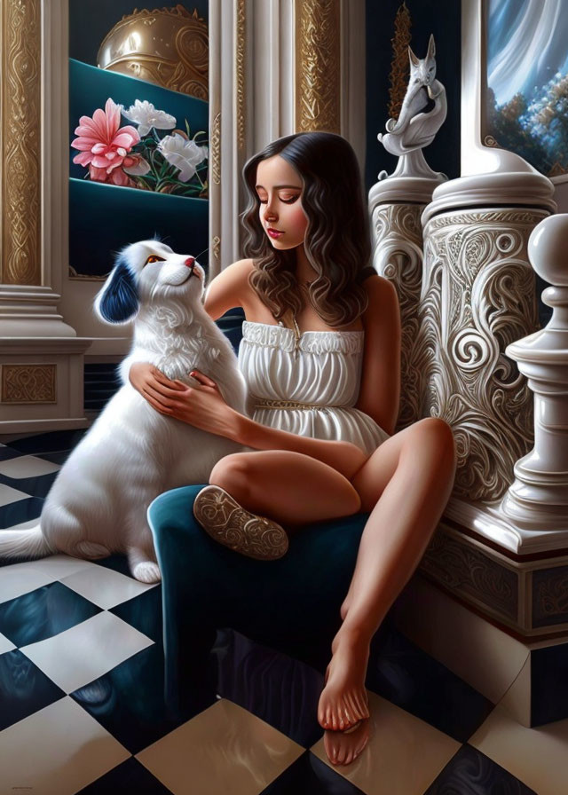 Woman in white dress petting white cat in luxurious room with checkered floor