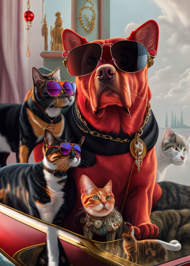 Stylized illustration of dog and cats with sunglasses in urban setting