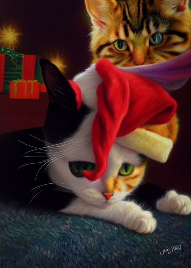 Two cats snuggling with Santa hat and Christmas gifts in background