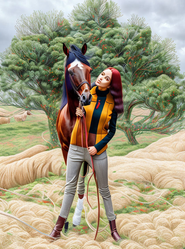 Woman standing with horse in surreal landscape with oversized pine trees and grassy waves