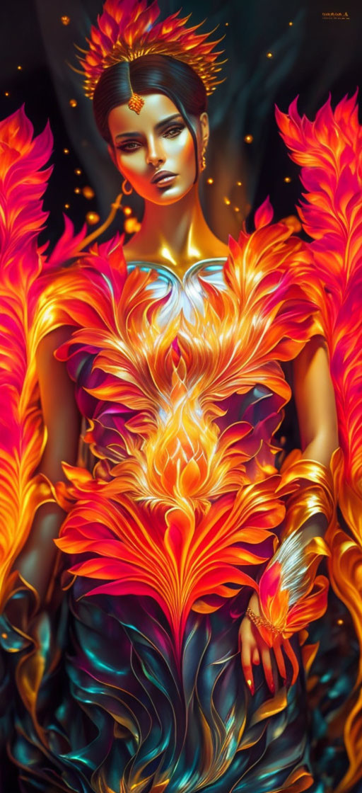 Colorful illustration of woman in phoenix-themed attire exuding power