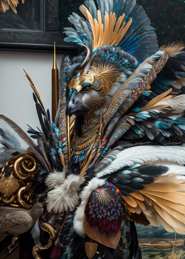 Bird-themed mask costume with blue and brown feathers and gold accents