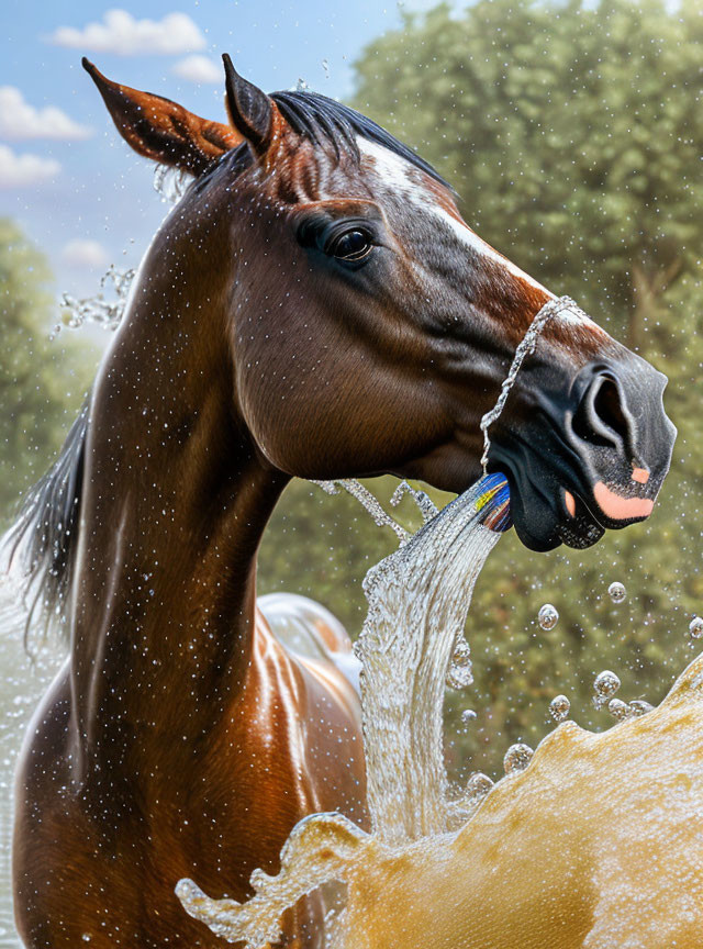 Shiny brown horse drinking water with splashing droplets, trees, and blue sky