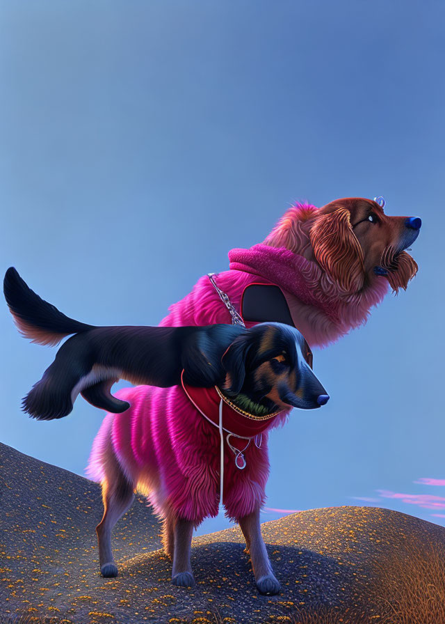 Two Animated Dogs in Matching Pink Jackets Against Blue Sky